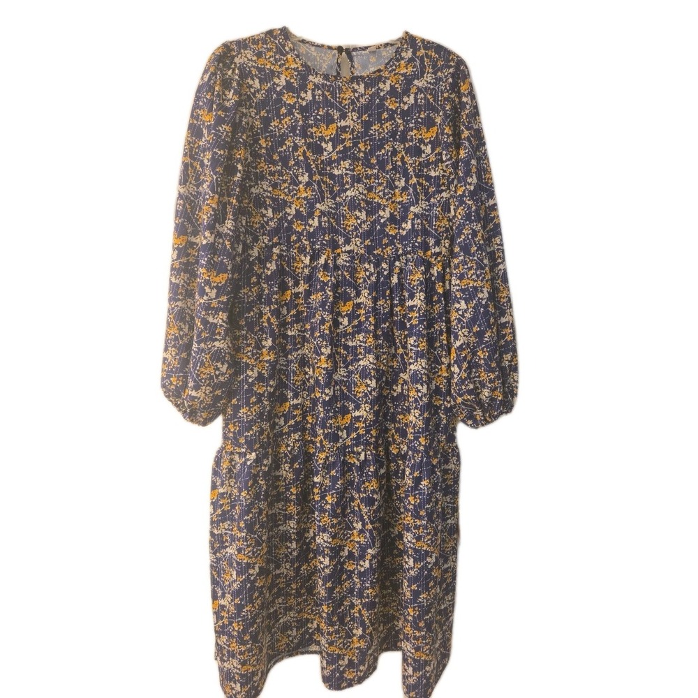 Multicolor Midi Long Floral Print Tiered Dress  Blue Yellow White Size M